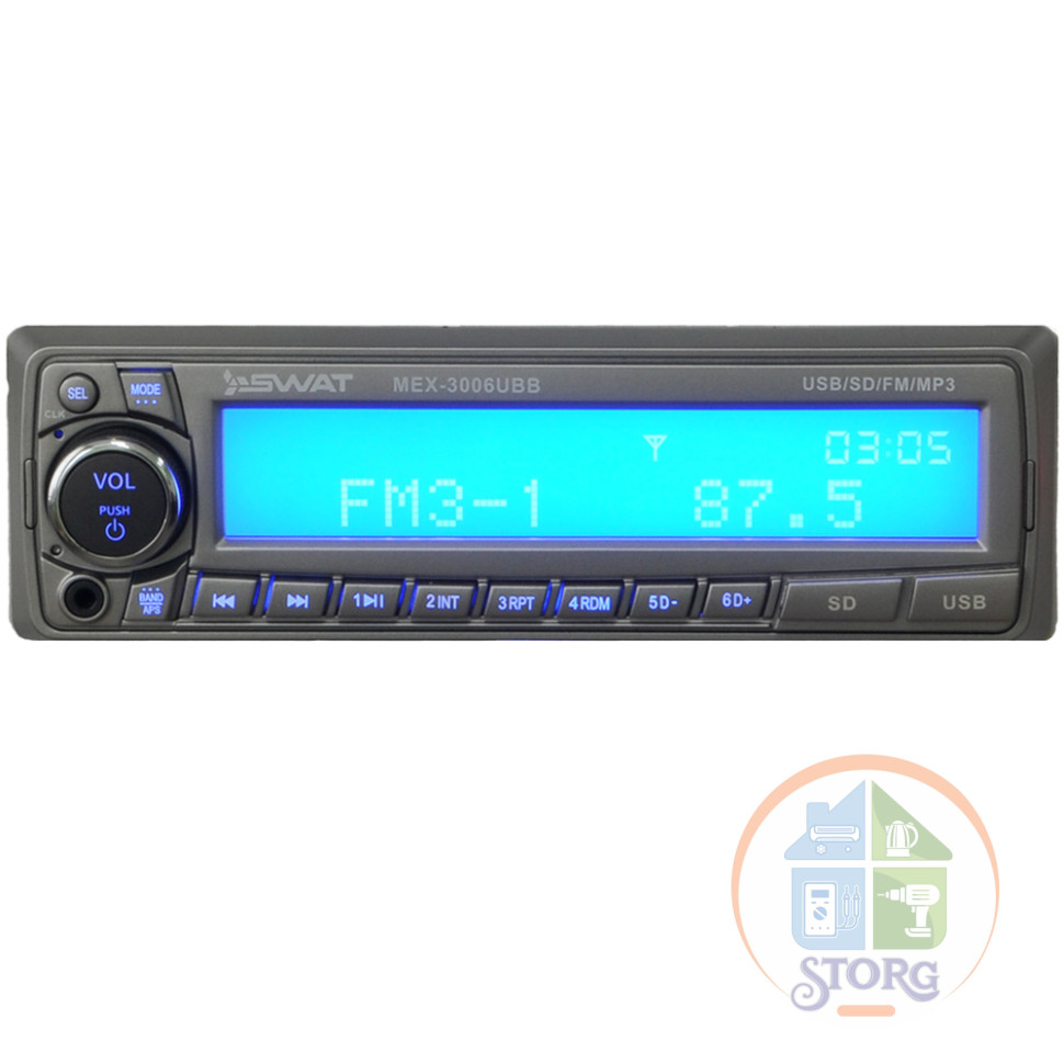 SWAT  MEX-3006UBB/1 din медиа ресивер,4х50 Вт,MP3,USB,SD синие кнопки/