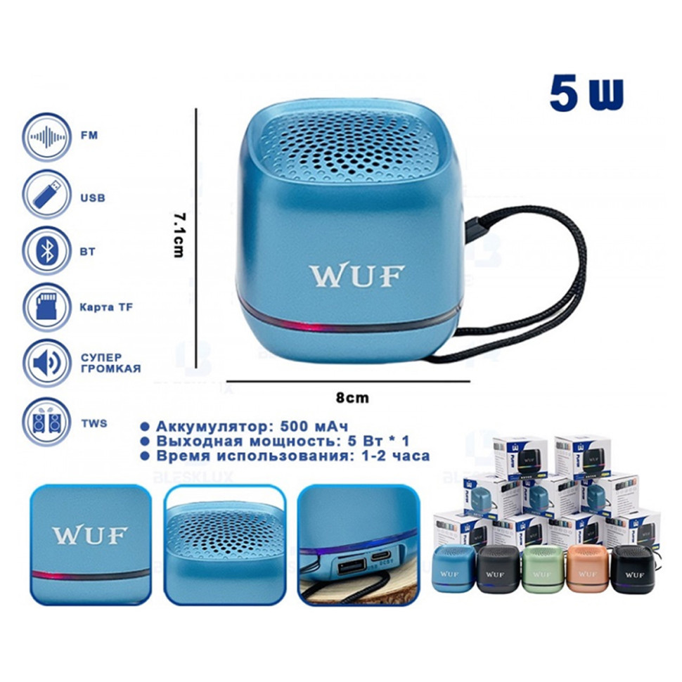 Портативная Bluetooth колонка WUF-W62 Голубой, USB, SD, радио, светомузыка, аккумулятор (5W)