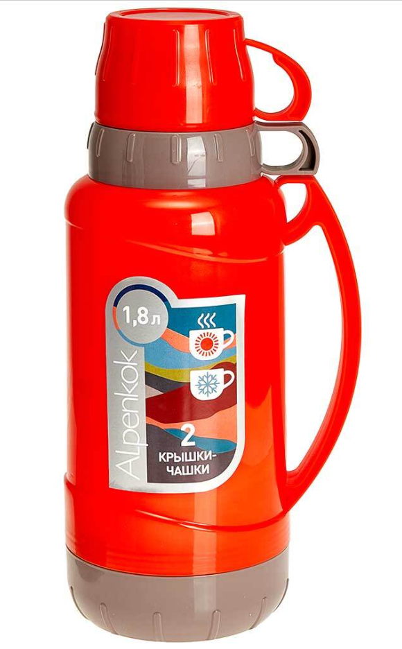 Термос со стеклянной колбой ALPENKOK AK-10104S (Оранжев; Объем 1.8л; 2 крышки-чашки; Корпус пластик)