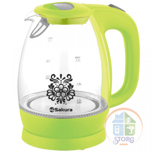 Чайник электрический SAKURA SA-2715GR (Зеленый; Объем 1.7л; Мощность 1850-2200Вт; Стекло; Подсветка)