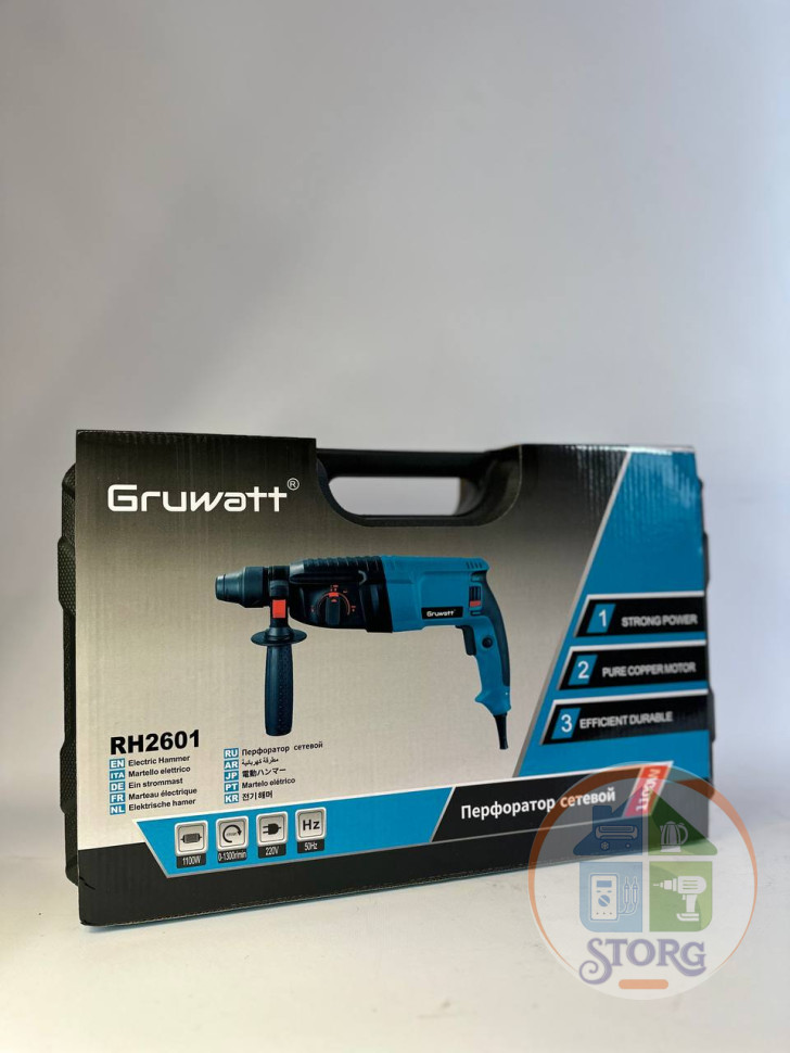 Перфоратор сетевой Gruwatt RH2601, 26 мм, 1100 Вт, ход 0-900 об/мин с набором