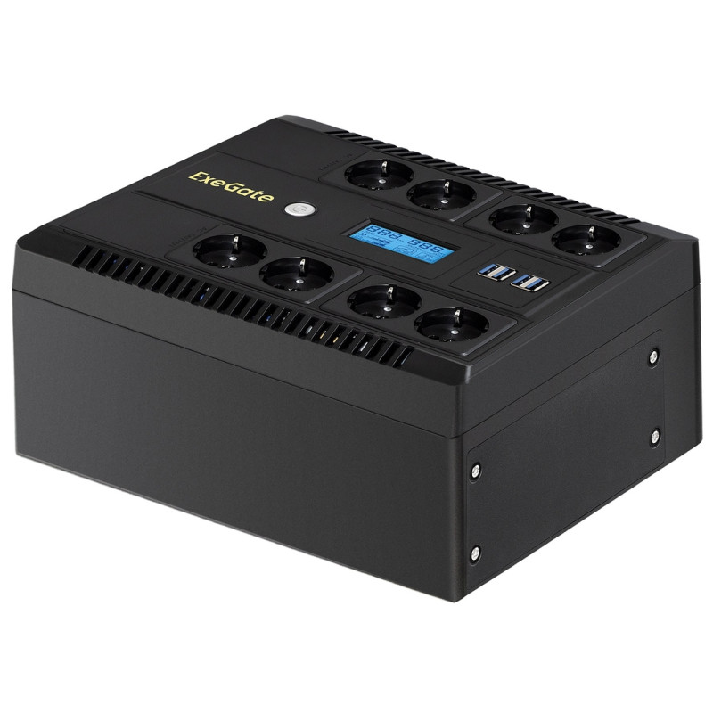Источник бесперебойного питания ExeGate NEO Smart LHB-1000.LCD.AVR.8SH.CH.USB 1000VA/650W, LCD, AVR, 8*Schuko, USB, 4*USB-порта для зарядки, черный