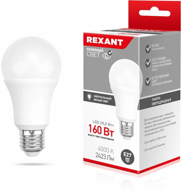 Светодиодная лампа REXANT Груша A80 25,5Вт E27 2423Лм 4000K, нейтральный свет