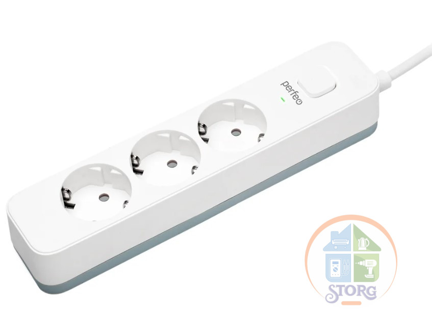 Сетевой фильтр Perfeo "POWER STREAM", 2500W, 1,5м, 3 розетки, белый.