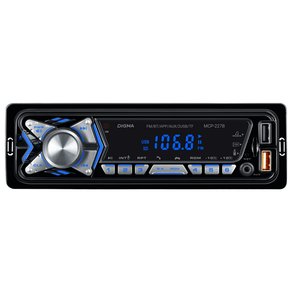 Автомагнитола Digma MCP-227B, 1 DIN, Bluetooth, USB Type-A, AUX, пульт ДУ