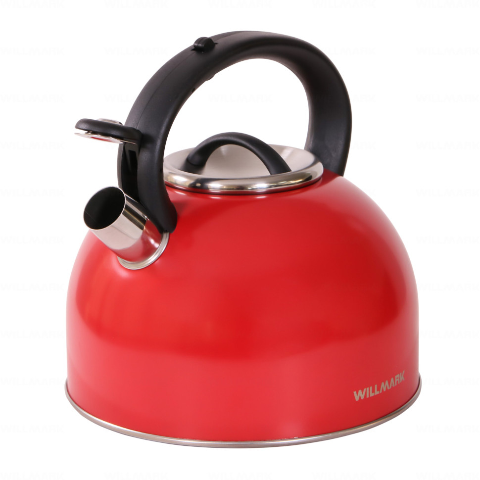 Чайник металлический со свистком на плиту WILLMARK WTK-4810SS (Матовый Красный, 4 л, нейлонов.ручка)
