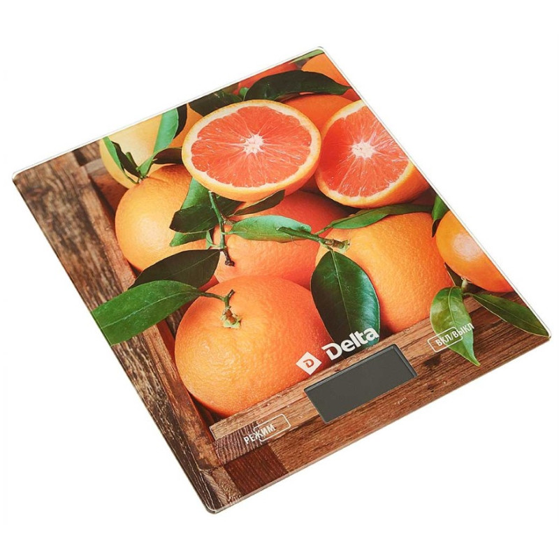 Весы настольные электронные DELTA KCE-70 "Сочные апельсины" : 5 кг, стекло.LCD-дисплей, Автообнуление/автоотключение, стекло(12)
