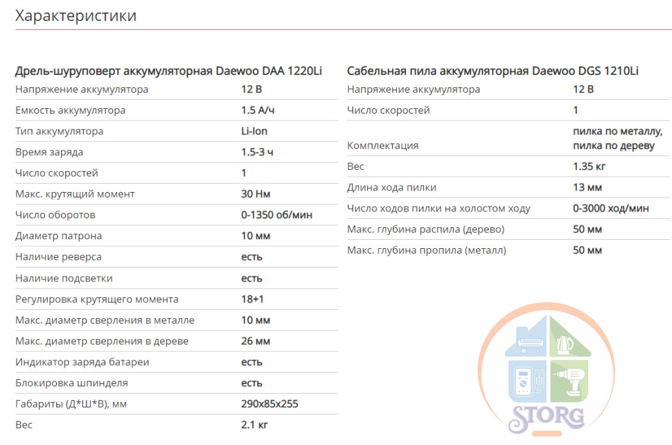 Набор аккумуляторный: сабельная пила + шуруповёрт DGA 1220Li SET DAEWOO