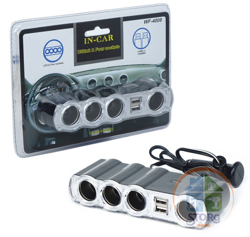 Разветвитель прикуривателя IN-CAR WF-4008 12/24V (4 гнезда + 2 USB )