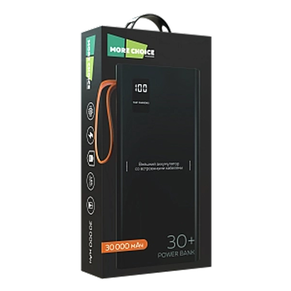 Внешний аккумулятор Power Bank More choice PB22-30, 30000 мАч, 2хUSB‑A, 2,1А, LED, фонарик, Черный