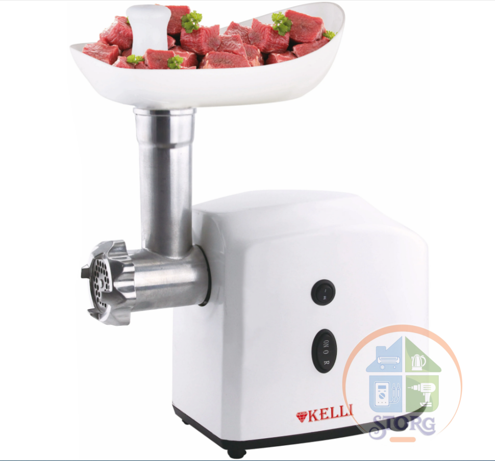 Мясорубка электрическая KELLI KL-5003 (Белый; Мощность 2400Вт; 2 скорости; реверс; 3 насадки)