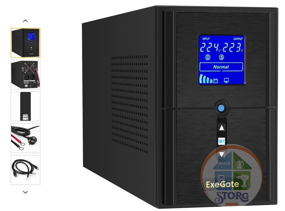 Источник бесперебойного питания (инвертор, синус, для котла) ExeGate SineTower SZ-1500.LCD.AVR.2SH.1C13.USB <1500VA/1200W, чистая синусоида, LCD дисплей, AVR, 2*Schuko+1*C13, USB, линейно-интерактивный, внешняя батарея 24В до 200Ач, Black>