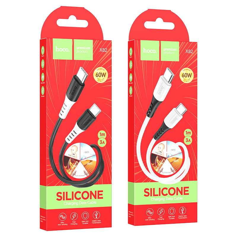 Кабель PD HOCO X82 60W Silicone Type-C на Type-C , 1м, силиконовый, Белый