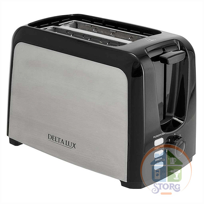 Тостер DELTA LUX DL-090 нерж.,черный, 750 Вт, 2ломтика, 6-ти позиц. таймер, разморозка, подогрев