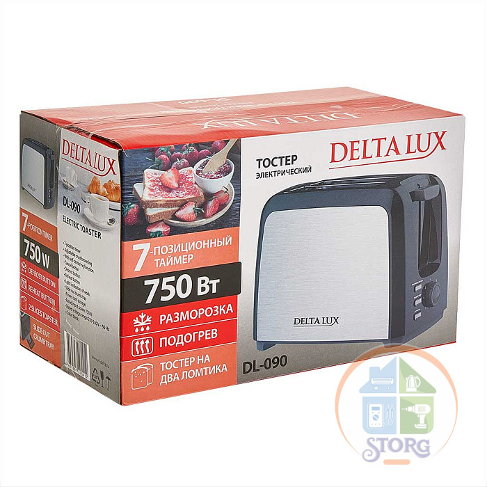Тостер DELTA LUX DL-090 нерж.,черный, 750 Вт, 2ломтика, 6-ти позиц. таймер, разморозка, подогрев