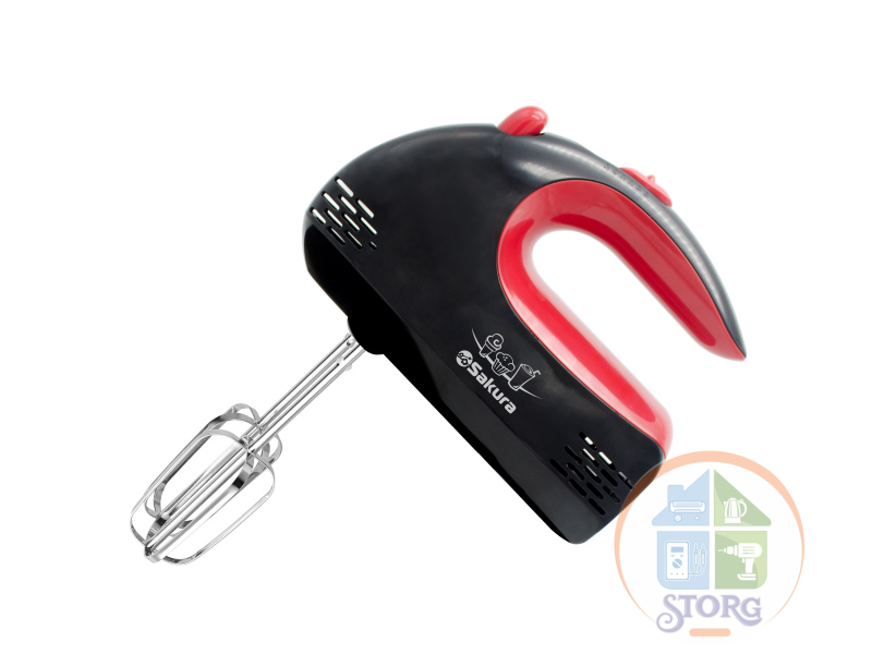 Миксер ручной SAKURA SA-6321BR, черный/красный, 300Вт, 5 скоростей, 2 венчика, 2 крюка, Нерж