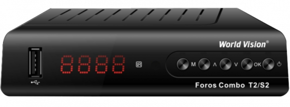 Спутниковый+T2 тюнер World Vision FOROS Combo S2/T2/C (Пластик, AC3, DolbyDigital, дисплей, GX6605)