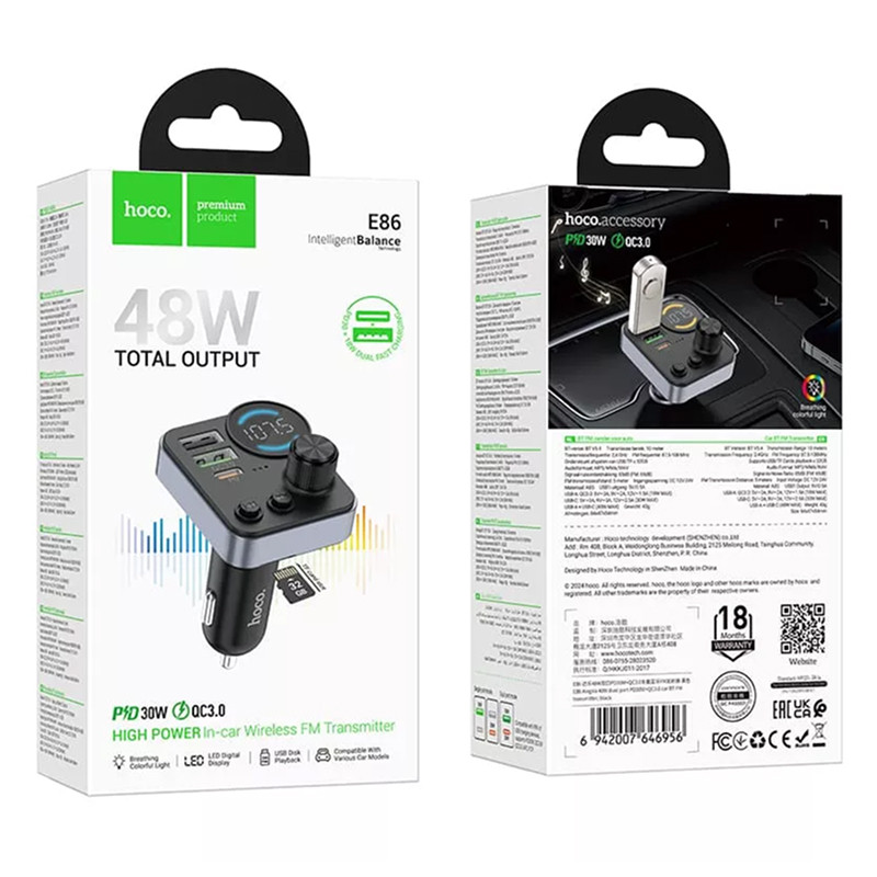 АЗУ Bluetooth FM Трансмиттер HOCO E86 Alegria 48W dual port PD30W+QC3.0 Черный