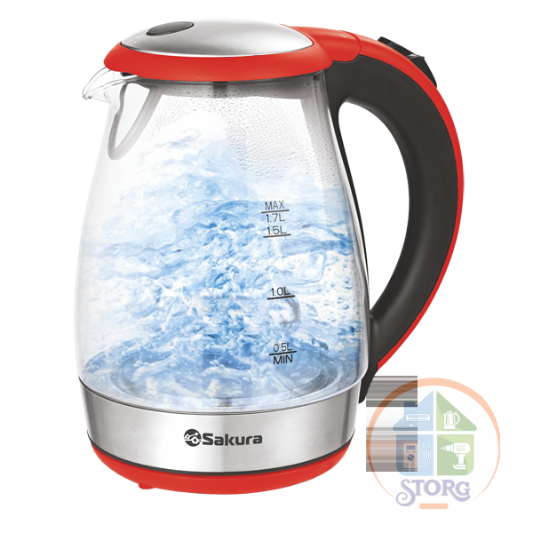 АКЦИЯ! Чайник электрический SAKURA SA-2732BR (Черн/Крас; 1.7л; 2200Вт; Стекло; LED подсветка)