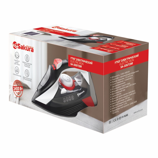 Утюг SAKURA SA-3067CBR, 2400Вт, объем резер 300мл, керам.самоочистка, анти-капля, распылит. Утюг SAKURA SA-3067CBR, 2400Вт, объем резер 300мл, керам.самоочистка, анти-капля, распылит.