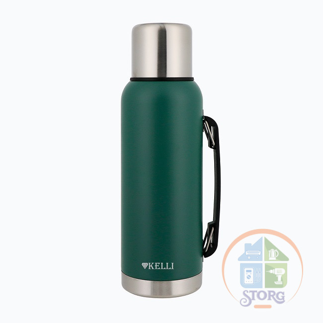 Термос KELLI KL-0982, зеленый, объем 1л, винтовая пробка, нерж. сталь