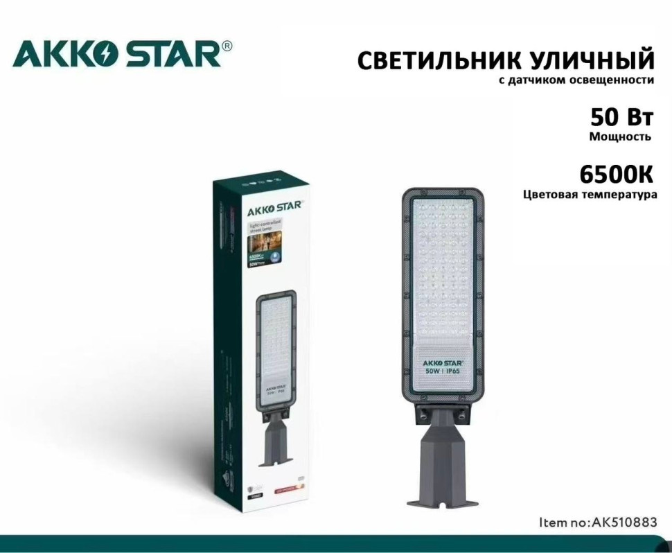 Светодиодный консольный светильник кобра AKKOSTAR AC100-265V/50W-6000lm с фотореле (сменный) IP65 р