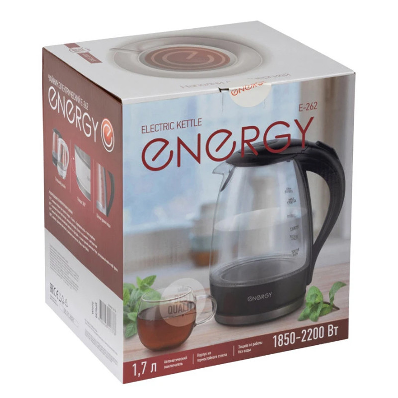 Чайник электрический ENERGY E-262 Белый; 2200Вт; 1,7л; Стекло