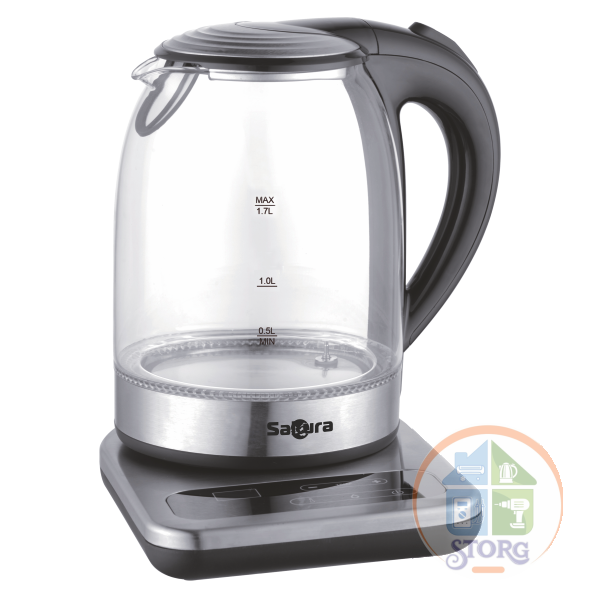 Чайник электрический SAKURA SA-2724DBK (Черный; Объем 1.7л; Мощность 2200Вт; Стеклянный; Подставка)