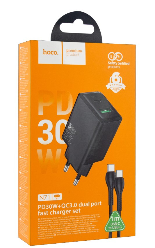 СЗУ HOCO N71 Nuevo PD30W+QC3.0 + кабель Type-C to Type-C, Черный