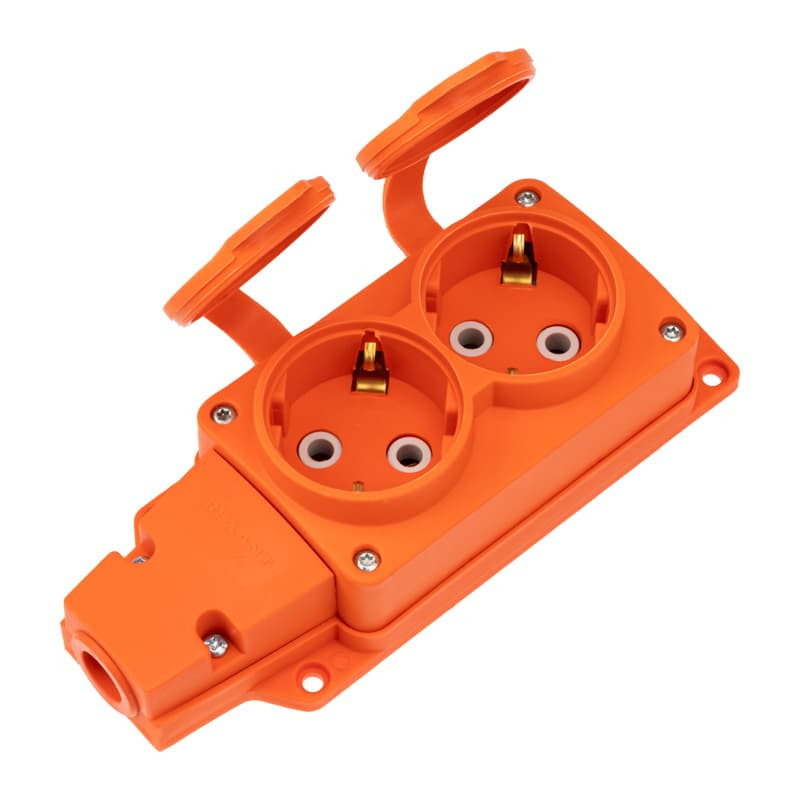 Розетка (колодка) влагозащищенная с крышкой 2 гнезда REXANT COMPACT, с/з, 16А, IP54, каучук, Оранж