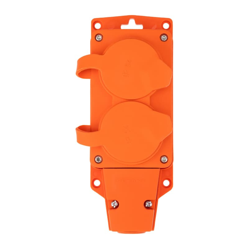 Розетка (колодка) влагозащищенная с крышкой 2 гнезда REXANT COMPACT, с/з, 16А, IP54, каучук, Оранж