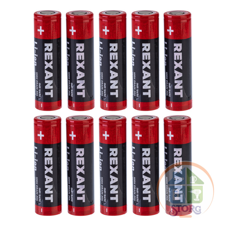 Аккумулятор REXANT Li-ion 18650, 3,7В, 3000мАч,без платы защиты, плоский контакт, 10 шт, коробка