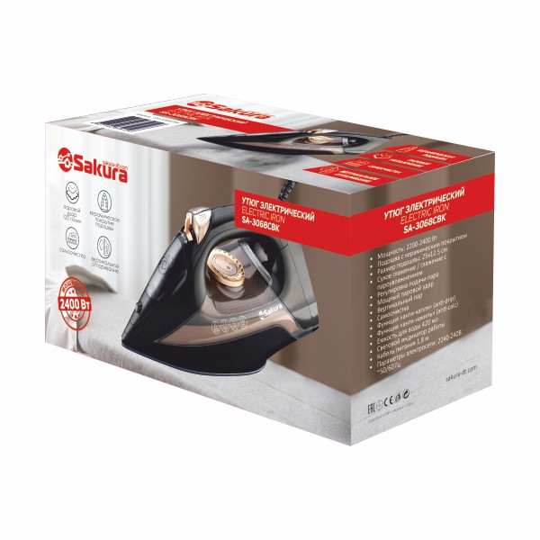 Утюг SAKURA SA-3068CBK, 2400Вт, объем резерв 420мл, керам.самоочистка Утюг SAKURA SA-3068CBK, 2400Вт, объем резерв 420мл, керам.самоочистка