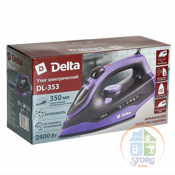 Утюг DELTA DL-353, черный с фиолетовым, 2400 Вт, керамика, антинакипь, самоочистка