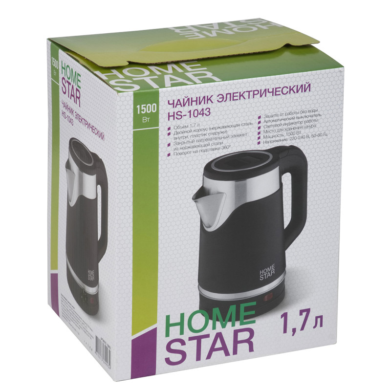 Чайник электрический HOMESTAR HS-1043 Черный/Нерж.сталь; 1500Вт; 1,7л; Двойной корпус