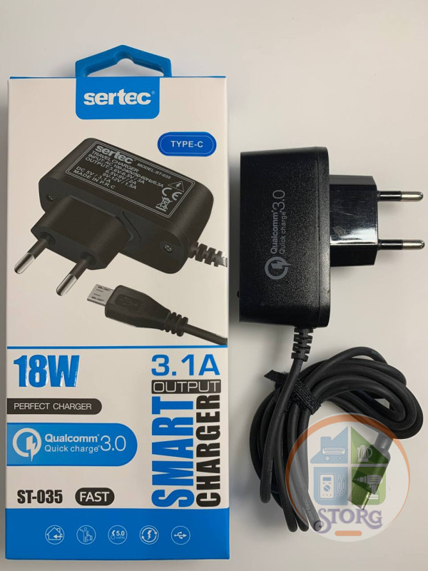 СЗУ SerteC ST-35 5V3,1A QC3.0 18W + каблеь Type-C черный