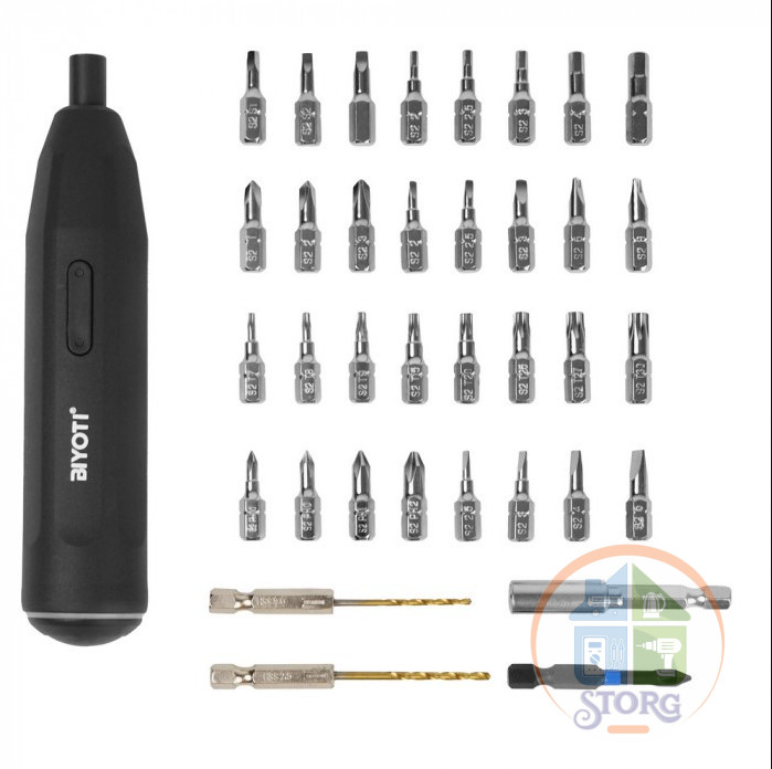 Отвертка аккумуляторная BIYOTI 3,6В с набором (35 предметов), зарядка USB, BYT-CD1005