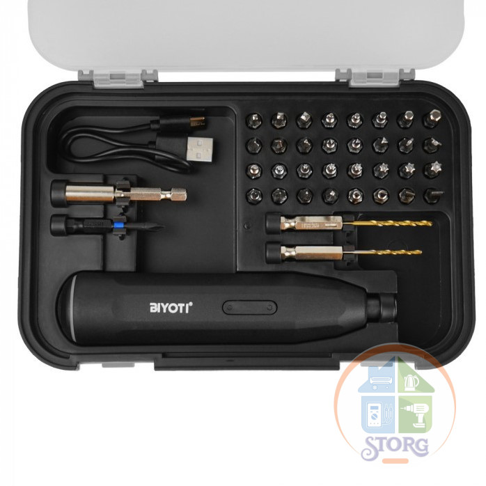 Отвертка аккумуляторная BIYOTI 3,6В с набором (35 предметов), зарядка USB, BYT-CD1005