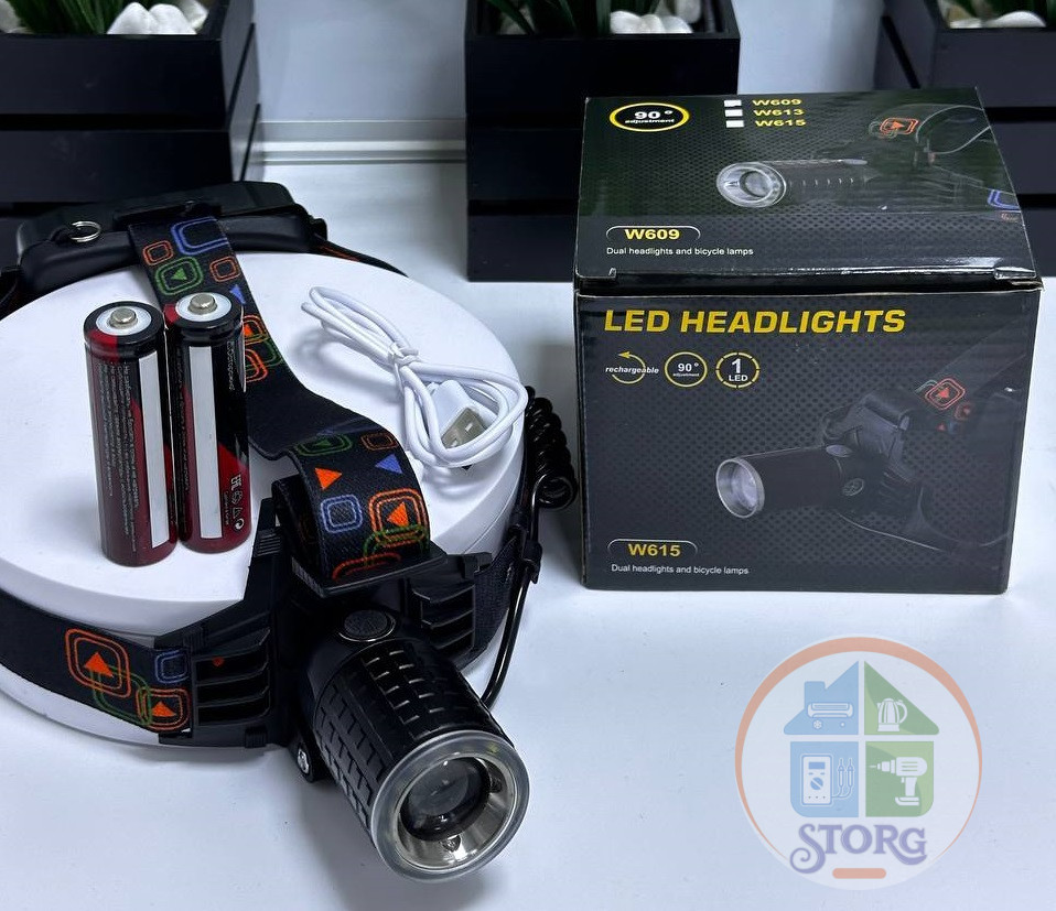 Фонарик налобный светодиодный W609 Li-One 18650 2шт, супер яркий! T6 GREE ( США ) 3500 lumen