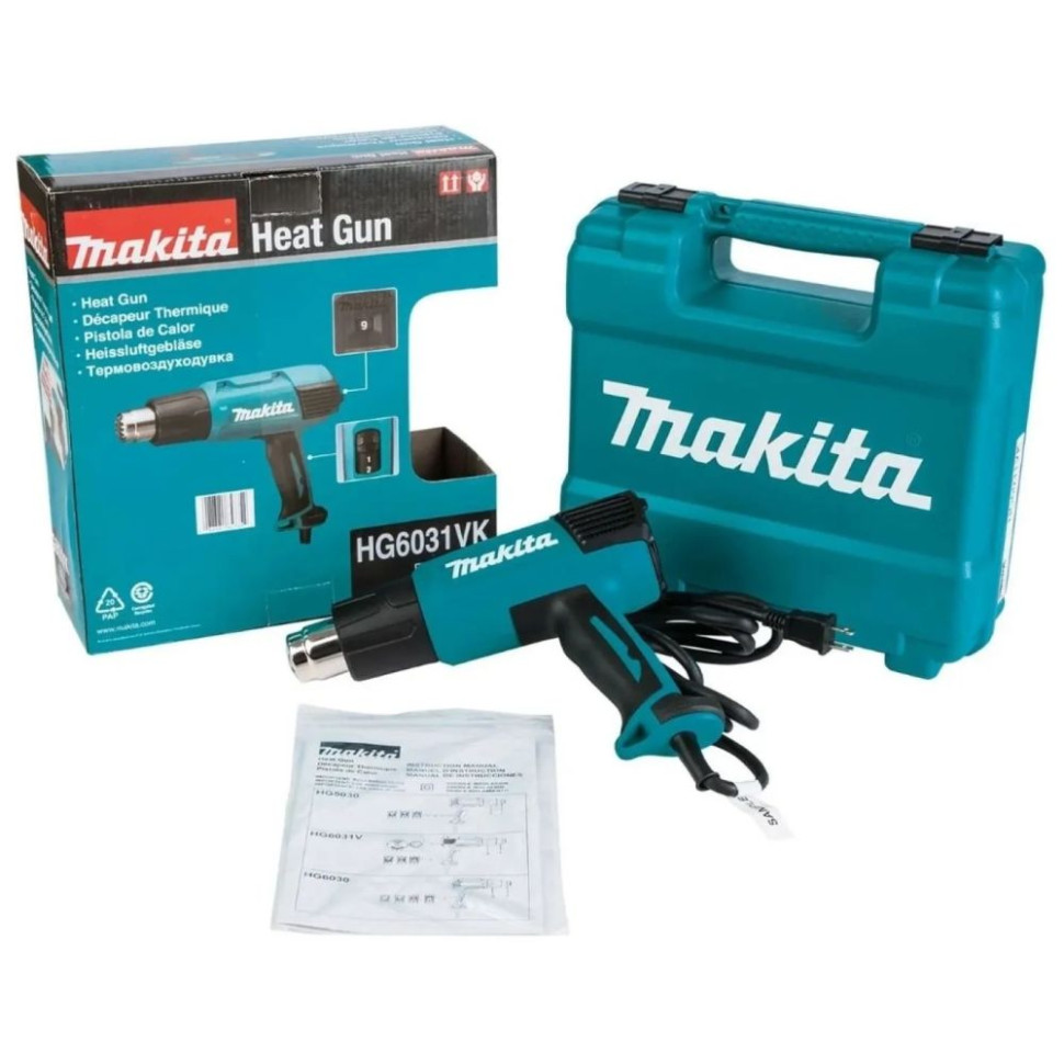 Фен строительный Makita HG 6031 VK, 1800Вт, 50–600 °C (9 настроек), 2 реж., защита от перегр., кейс Фен строительный Makita HG 6031 VK, 1800Вт, 50–600 °C (9 настроек), 2 реж., защита от перегр., кейс