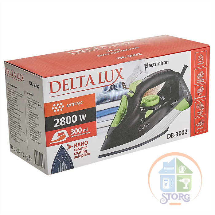Утюг DELTA LUX DE-3002, черный с зеленым, 2800Вт, керамика, антикапля, антинакипь