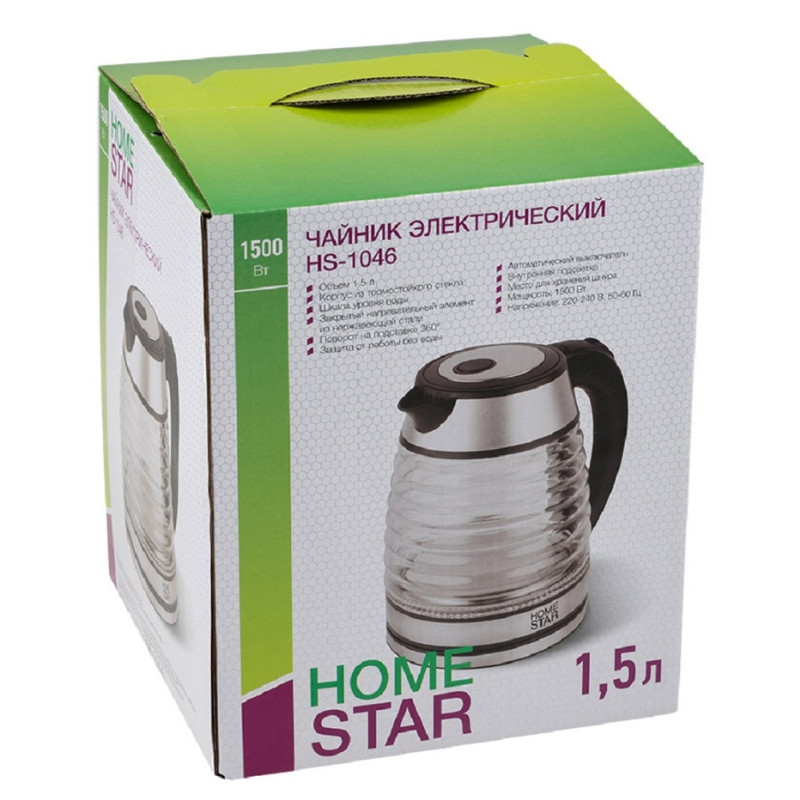 Чайник электрический HOMESTAR HS-1046 Черный; 1500Вт; 1,5л; Стекло/Пластик