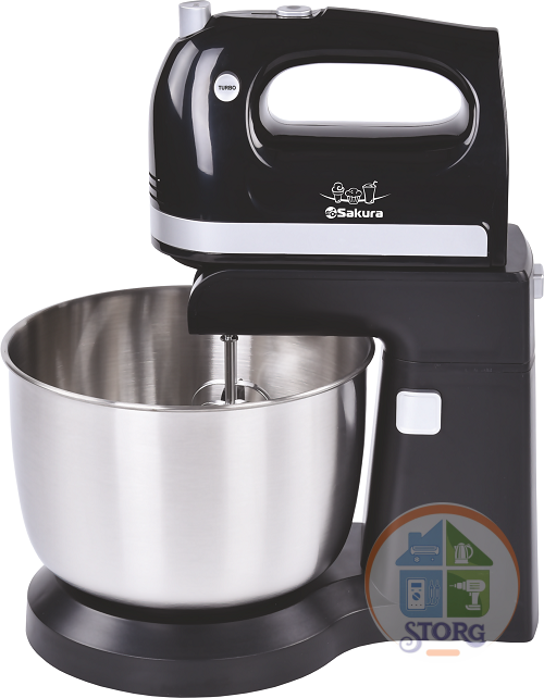 Миксер с чашей SAKURA SA-6326CBK (Черный/Металлик; Мощность 500Вт;Чаша 3.5л;5 режимов;Венчик/Крючки)