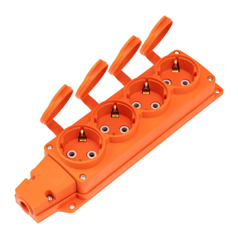 Розетка (колодка) влагозащищенная с крышкой 4 гнезда REXANT COMPACT, с/з, 16А, IP54, каучук, Оранж