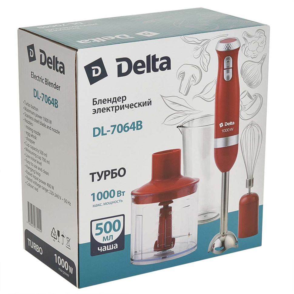 Блендер DELTA DL-7064B Красный 1000 Вт, ТУРБО, стакан,венчик,измельчитель(8)