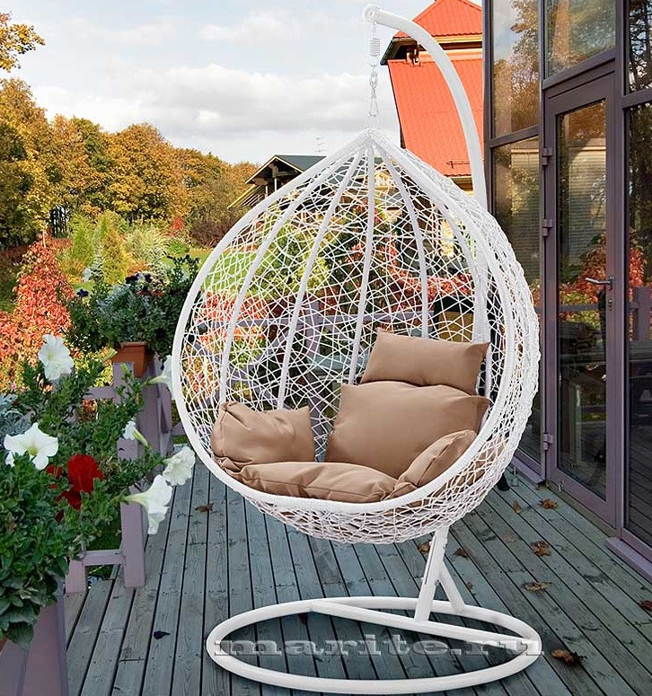 Подвесное кресло качели плетёное кокон S-TORG БИГ 110см кольцо / 61см глубина ( Белый )