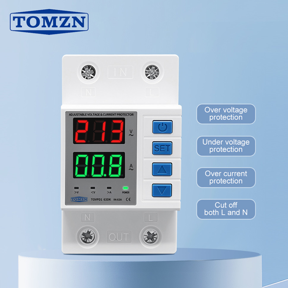 Реле контроля напряжения TOMZN TOVPD1 63DK, 63 А, 110/230 В, отключение L+N, дисплей, DIN‑рейка 35мм Реле контроля напряжения TOMZN TOVPD1 63DK, 63 А, 110/230 В, отключение L+N, дисплей, DIN‑рейка 35мм
