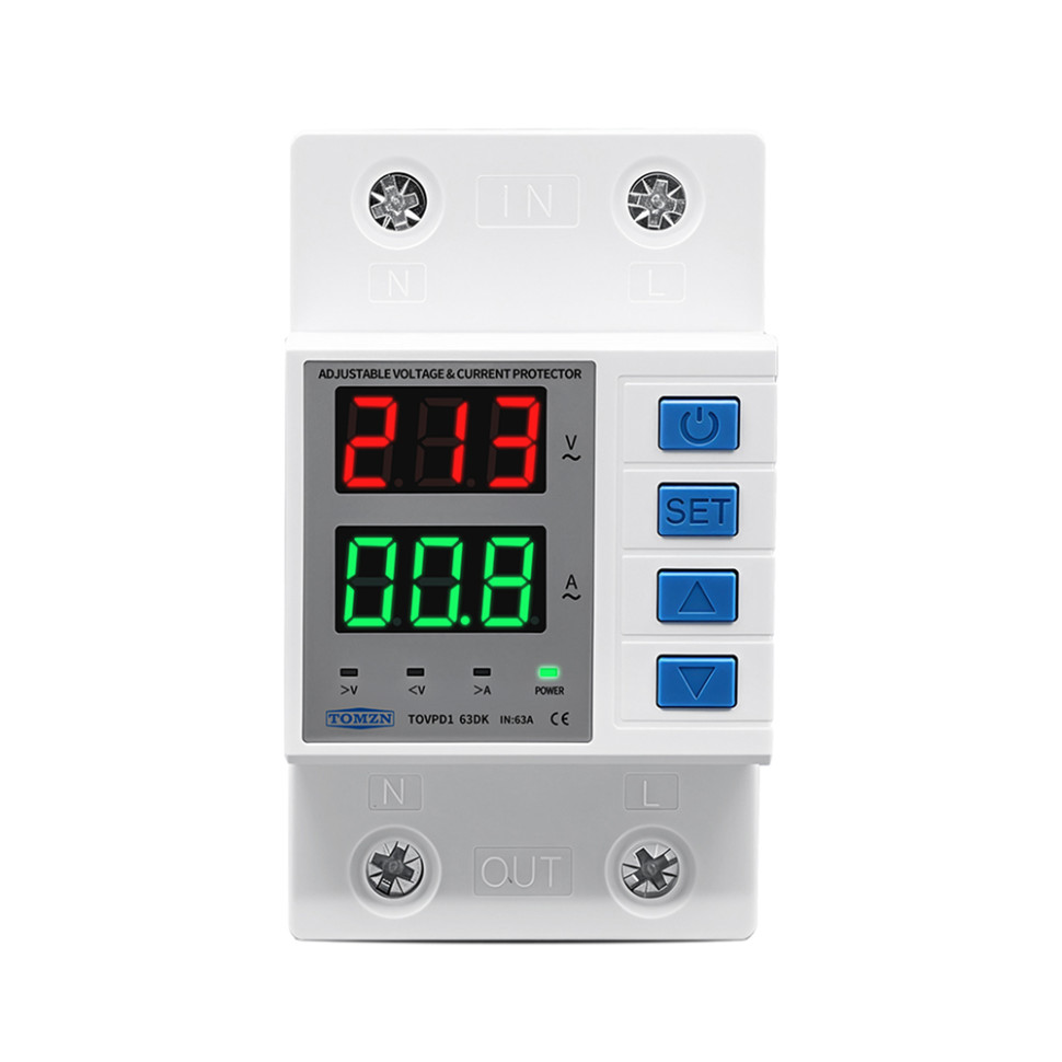 Реле контроля напряжения TOMZN TOVPD1 63DK, 63 А, 110/230 В, отключение L+N, дисплей, DIN‑рейка 35мм Реле контроля напряжения TOMZN TOVPD1 63DK, 63 А, 110/230 В, отключение L+N, дисплей, DIN‑рейка 35мм