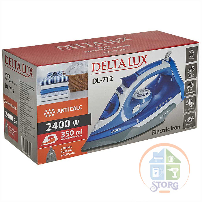 Утюг DELTA LUX DL-712, белый с синим, 2400 Вт, керамика, антикапля, антинакипь, 350мл