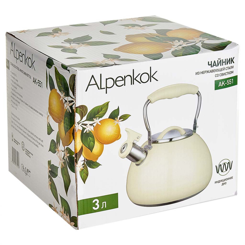 Чайник из нержавеющей стали со свистком на плиту ALPENKOK AK-551, 3л, индукционное дно, молочный